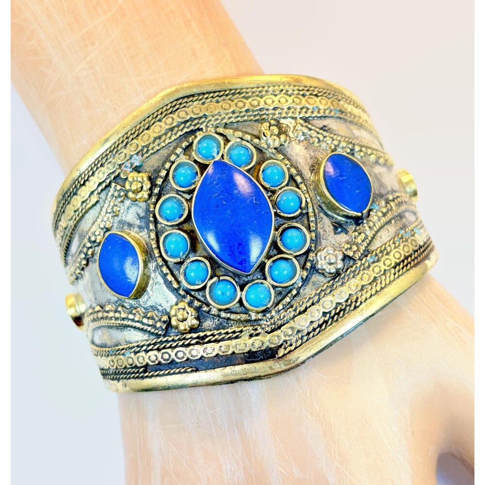 Vintage Kuchi Bracelet: Afghan Tribal Jewelry with Turquoise Glass